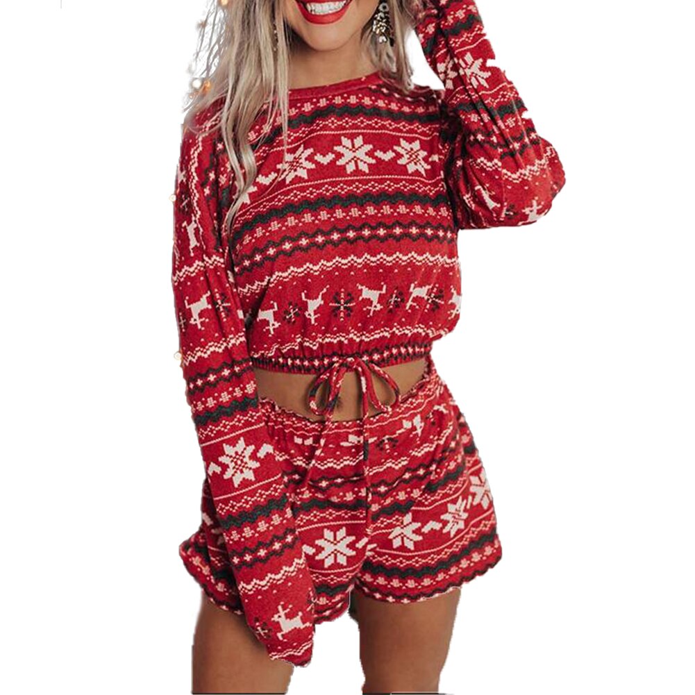 Christmas Pajama Sets Long Sleeve Crop Top Shorts 2pcs Snowflake Print Knitted