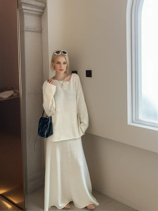 Soft Suits 2 Pieces Female Sets Slash Neck Sweater & Midi Dress Bling Knitted Tracksuit