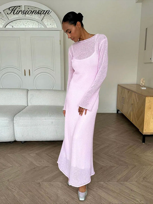 Spring Autumn O-neck Elastic Knit Long Dresses Soft Lady Hollowing Sweater Dresses Femme New