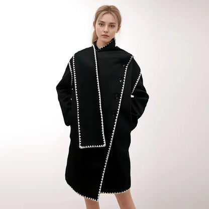 Hit Irregular Black Stand Long Spliced Single Trench Coat