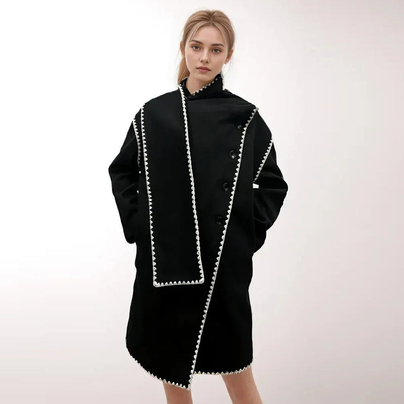 Hit Irregular Black Stand Long Spliced Single Trench Coat