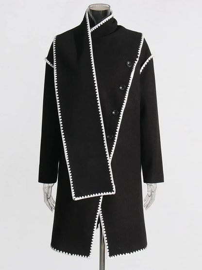 Hit Irregular Black Stand Long Spliced Single Trench Coat
