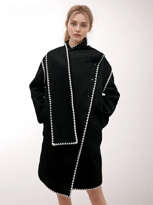 Hit Irregular Black Stand Long Spliced Single Trench Coat