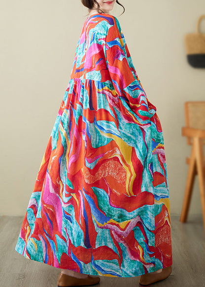 Holiday Style Red O-neck Print Loose Cotton Long Dress Summer Ap070