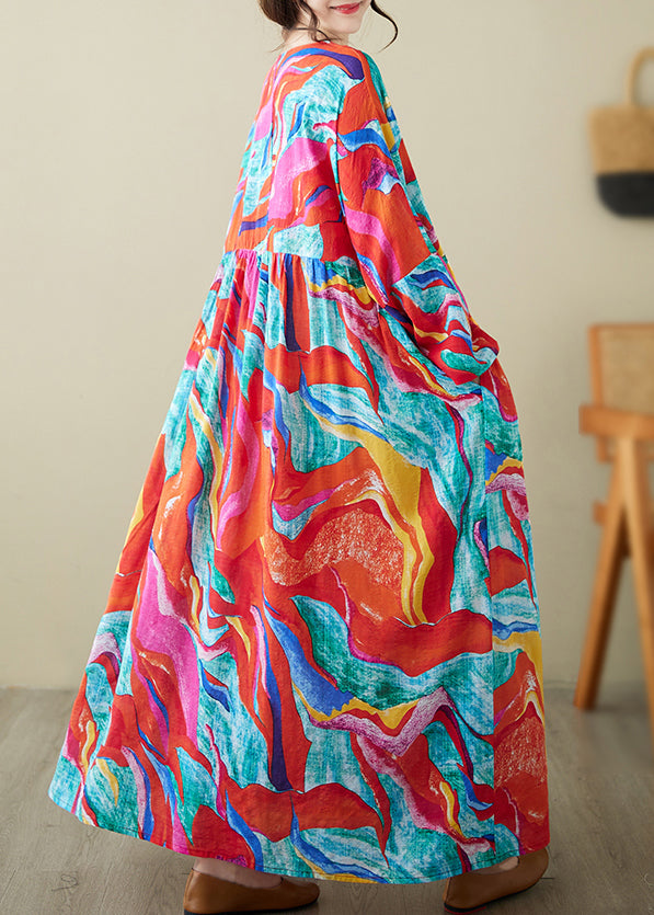 Holiday Style Red O-neck Print Loose Cotton Long Dress Summer Ap070