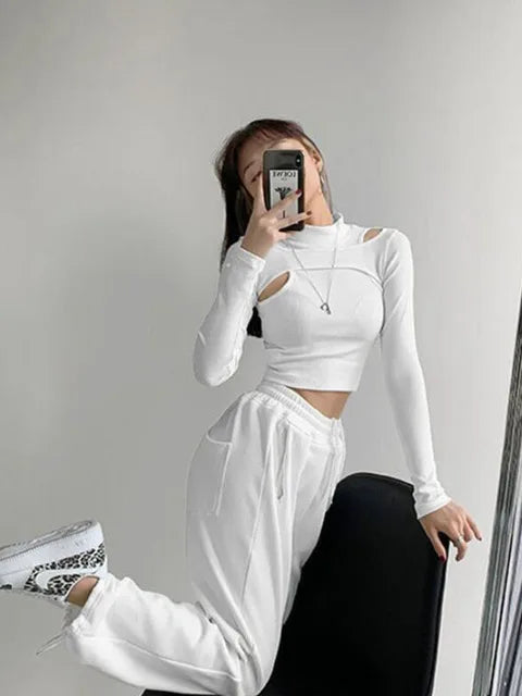 Hollow Knitted Crop Tops New Fitness Fake Two-piece T-shirt Female Black White Long Sleeve Tops