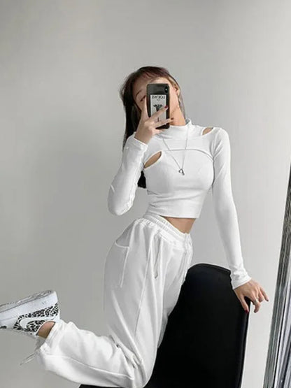 Hollow Knitted Crop Tops New Fitness Fake Two-piece T-shirt Female Black White Long Sleeve Tops