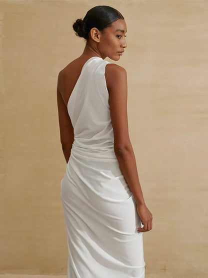 Hollow Out White One Shoulder Sleeveless Y2k Nightclub Midi Dresses