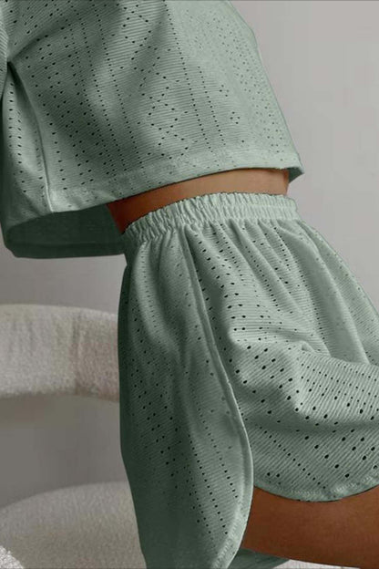 Hollow Short Sleeve Crop Top Shorts Set