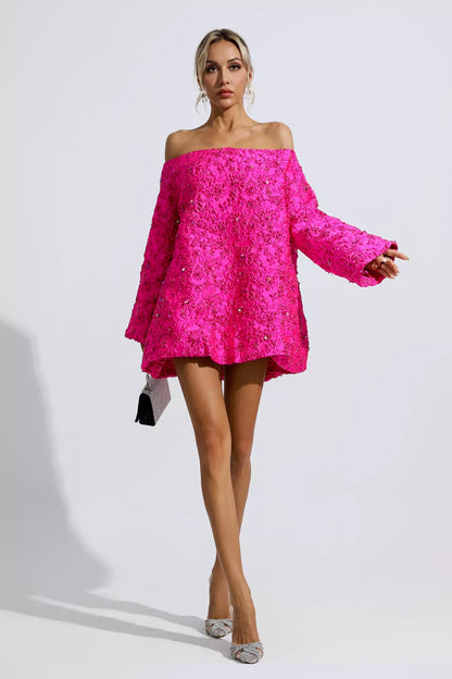 Holly Pink Off Shoulder Jacquard Mini Dress