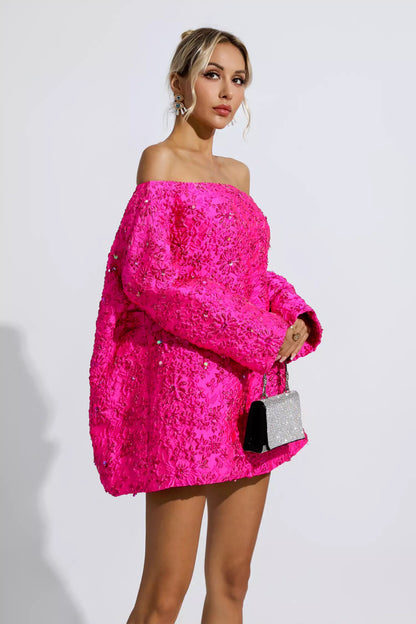 Holly Pink Off Shoulder Jacquard Mini Dress
