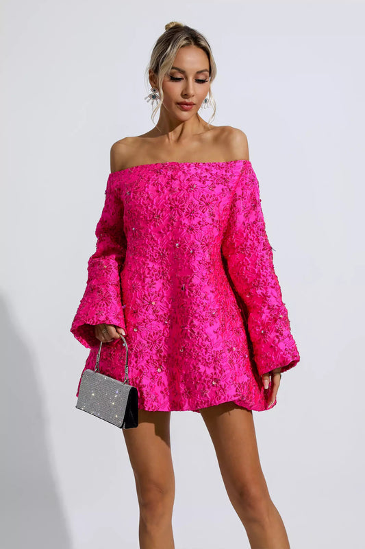 Holly Pink Off Shoulder Jacquard Mini Dress