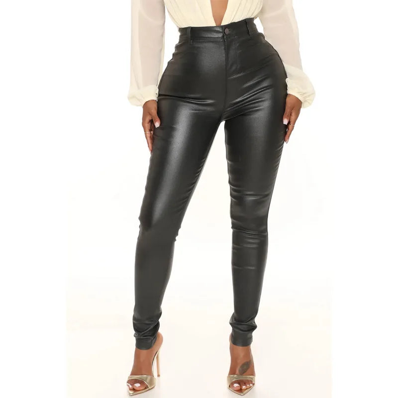Black Brown Pu Leather High Waist Slim Skinny High Stretch Pants