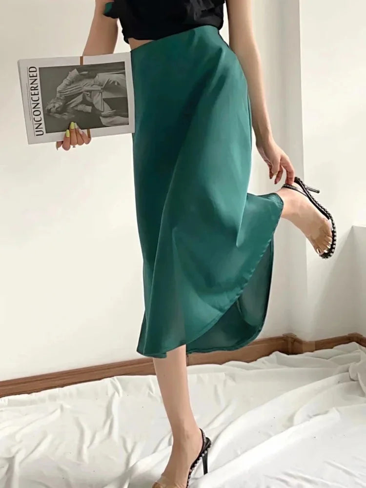 Satin Elastic Waist Summer Slim A-line Skirt