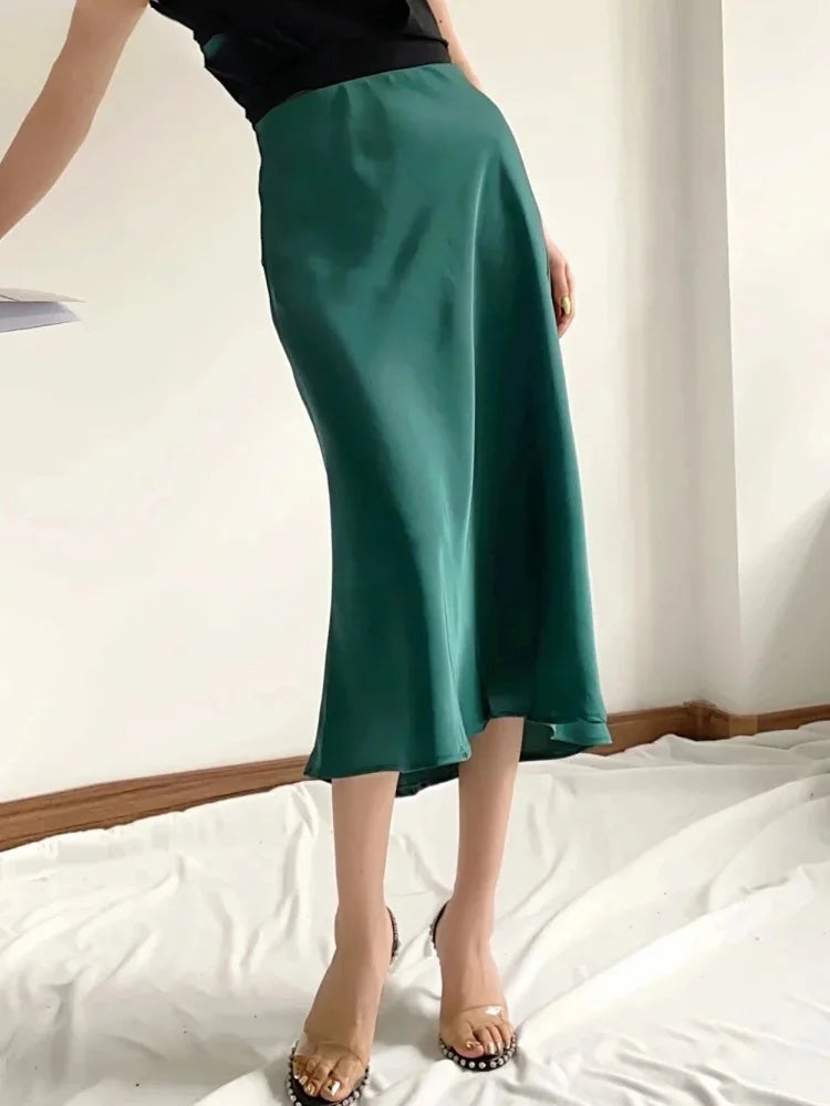 Satin Elastic Waist Summer Slim A-line Skirt
