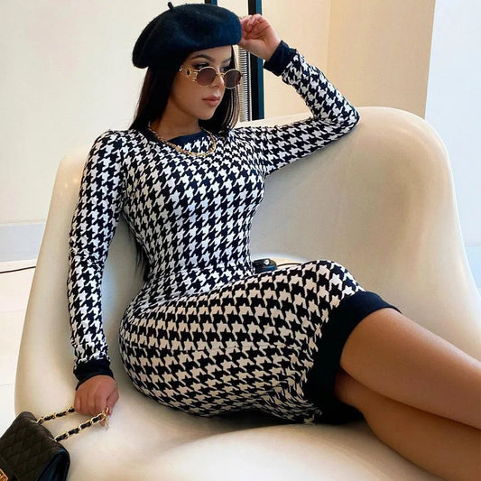 Houndstooth Print Long Sleeve Midi Dress Hollow Out Bodycon Autumn Winter Club Slim