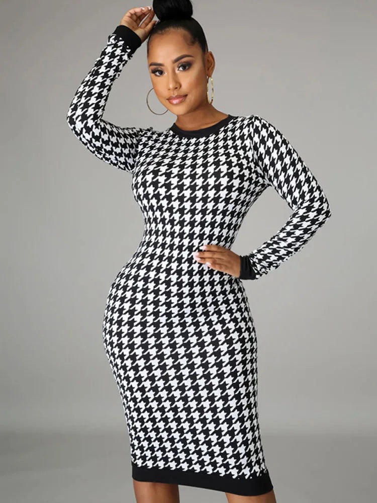 Houndstooth Long Sleeve Hollow Out Bodycon Autumn Winter Club Slim Midi Dresses