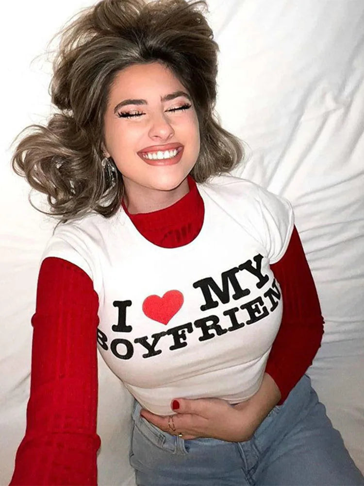 I Love My Boyfriend Summer Cotton Crop Tee Short Short Sleeve T-shirt