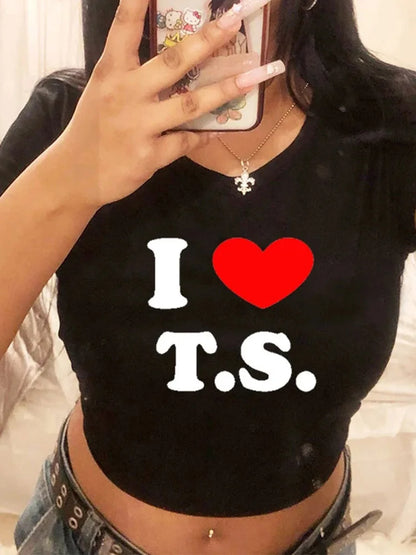 I Love T S Cropped Tops for Summer Short Sleeve T Shirt Y2k Clothes Harajuku Baby Tee Graphic T-shirt Crop Top Tee
