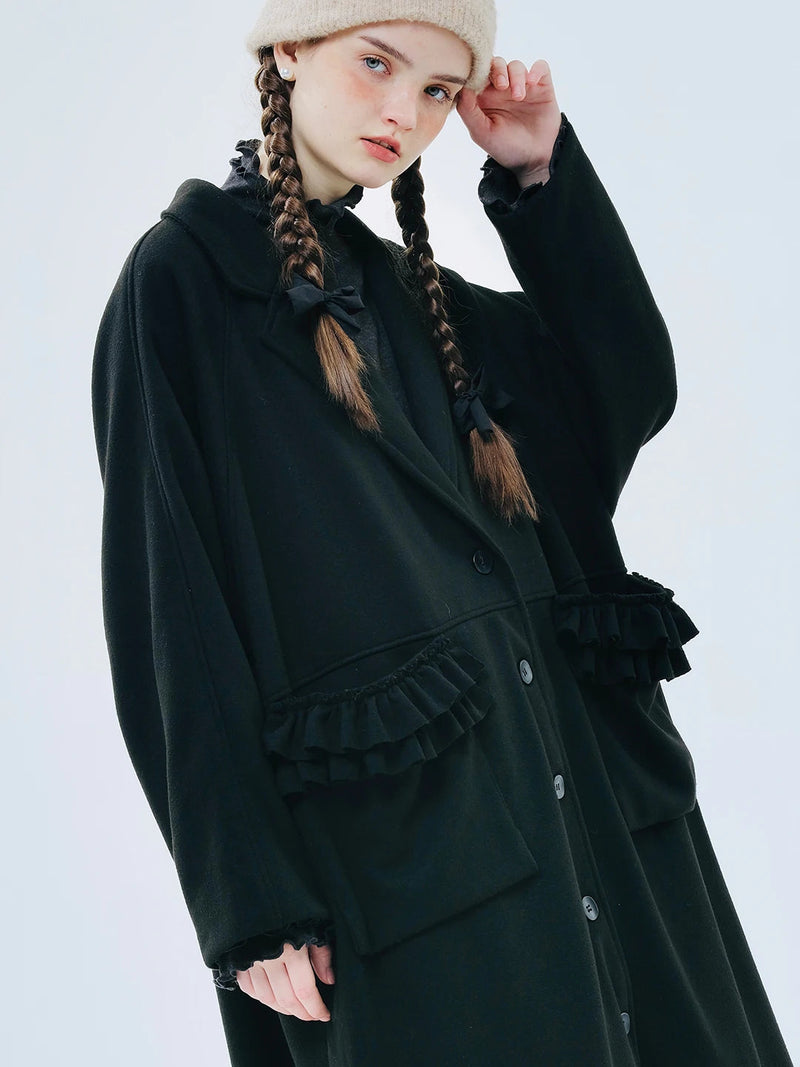 Original Black Lapel Lace Patchwork Long Woolen Coat