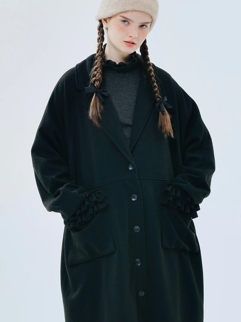 Original Black Lapel Lace Patchwork Long Woolen Coat