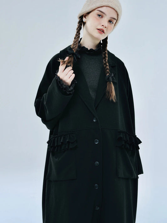 Original Black Lapel Lace Patchwork Long Woolen Coat