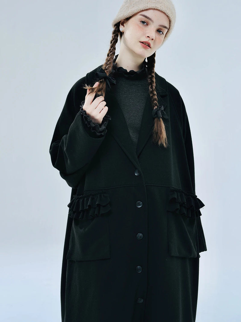 Original Black Lapel Lace Patchwork Long Woolen Coat