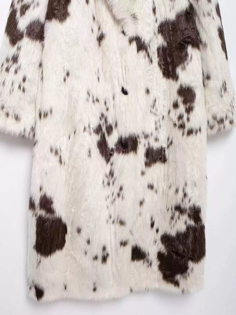 Sachi Cow Pattern Faux Fur Coat