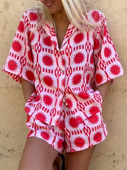 Linen Blend Sun World Printed Shirt and Elastic Waist Pocketed Shorts Set