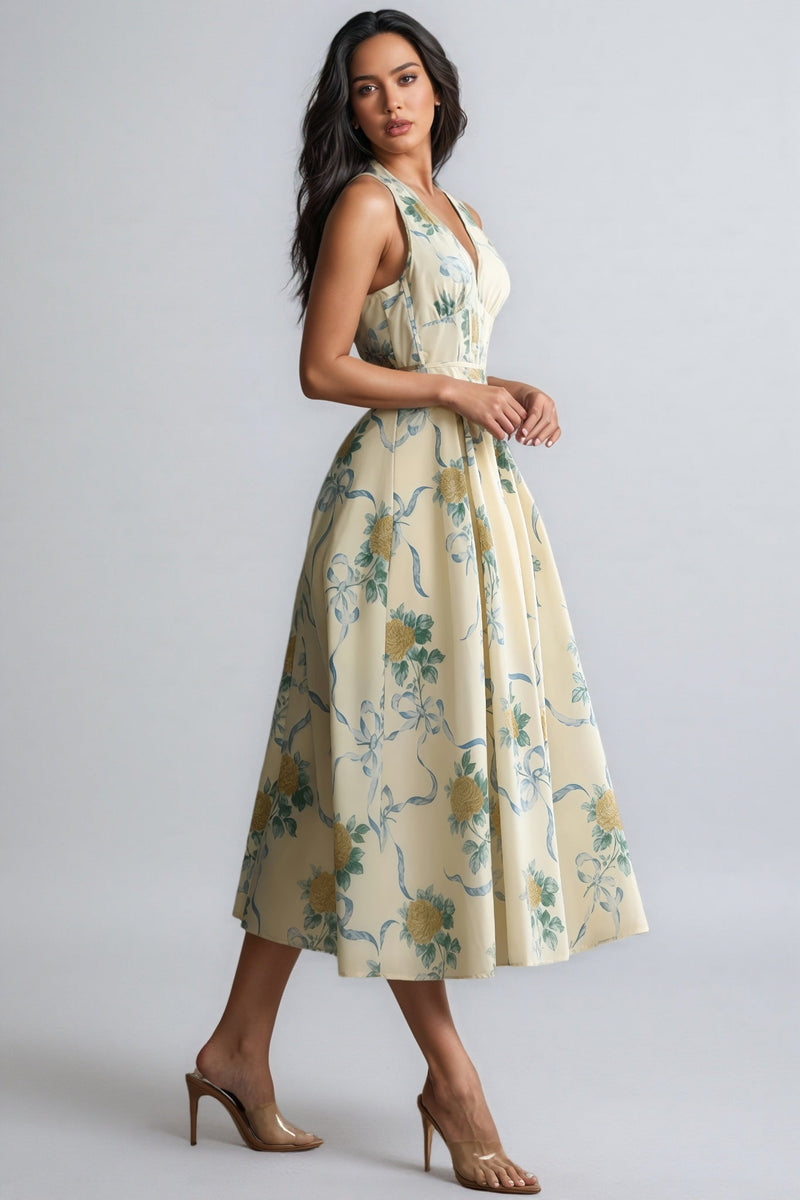 Mabel Print Deep V Neck Midi Dress