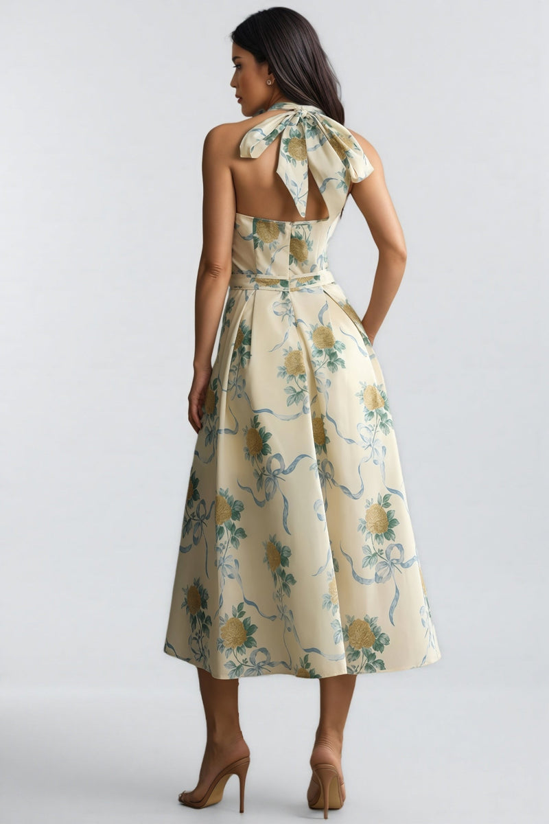 Mabel Print Deep V Neck Midi Dress