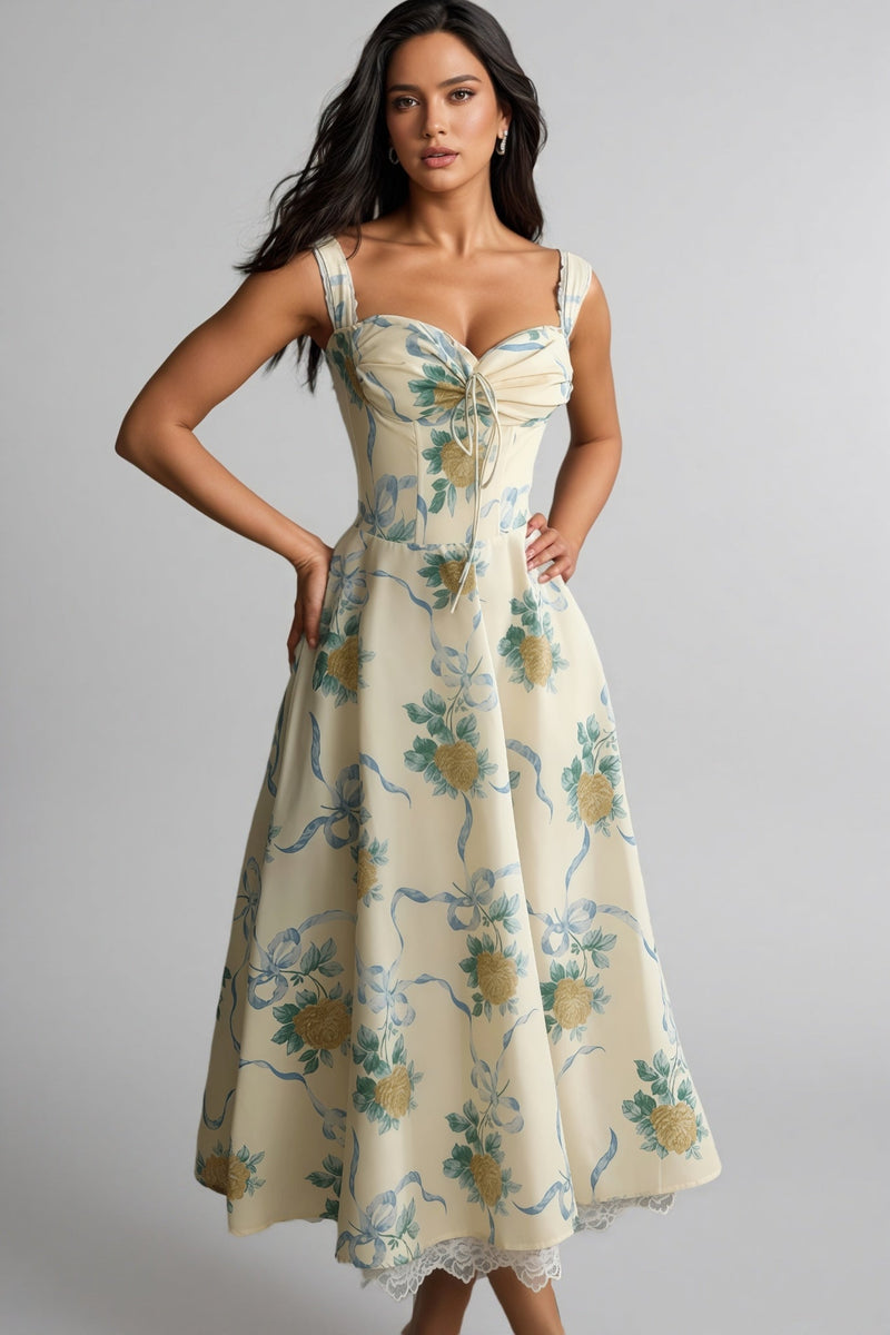 Caelu Print Sweetheart Midi Dress