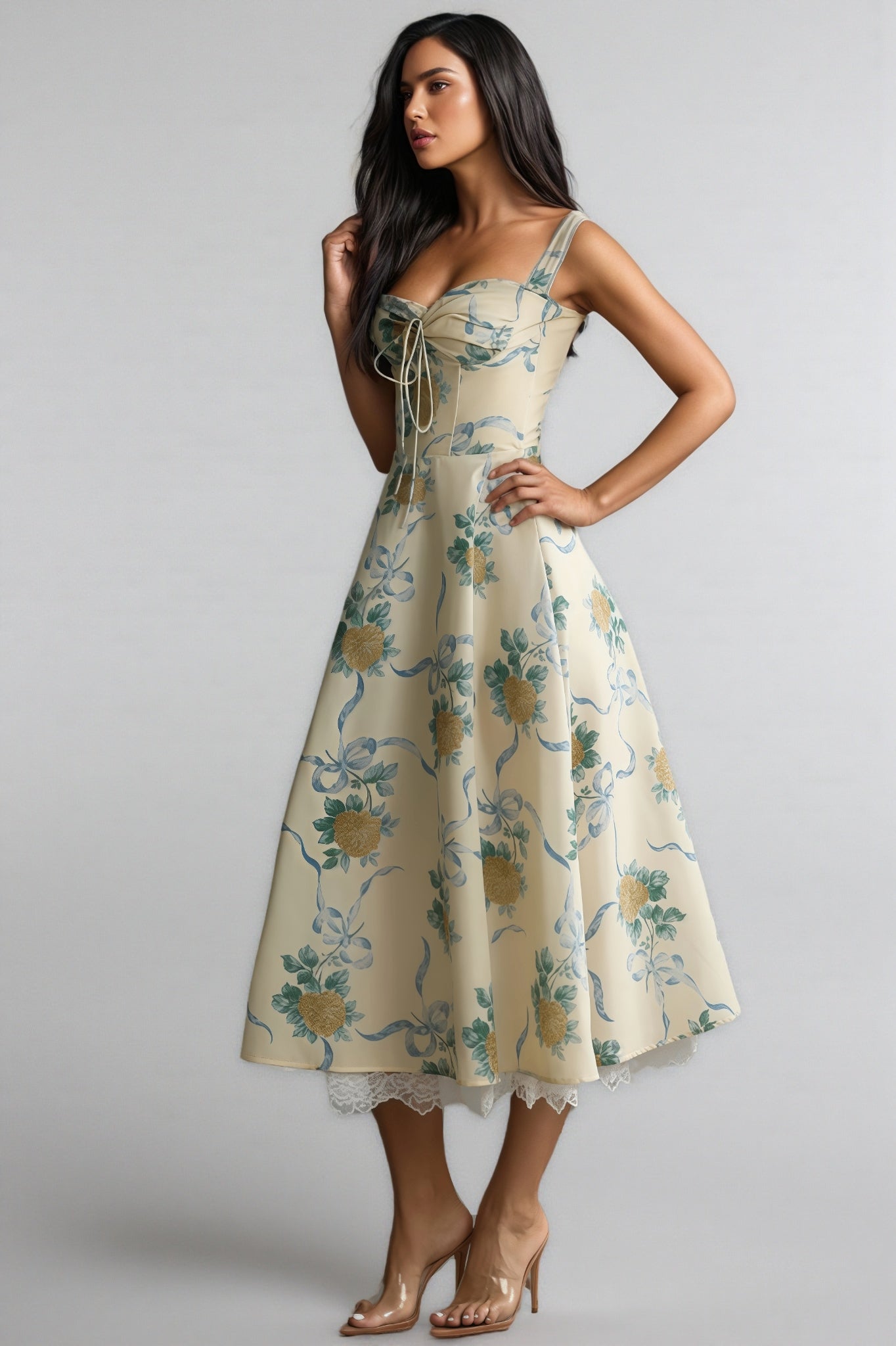 Caelu Print Sweetheart Midi Dress
