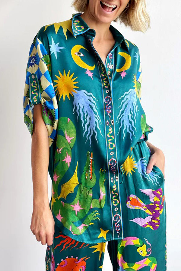Beachy Linen Blend Unique Print Button Down Oversized Blouse