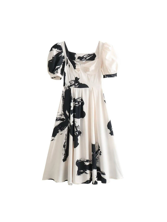 Corset Style Black & White Tie Dye Midi Dress