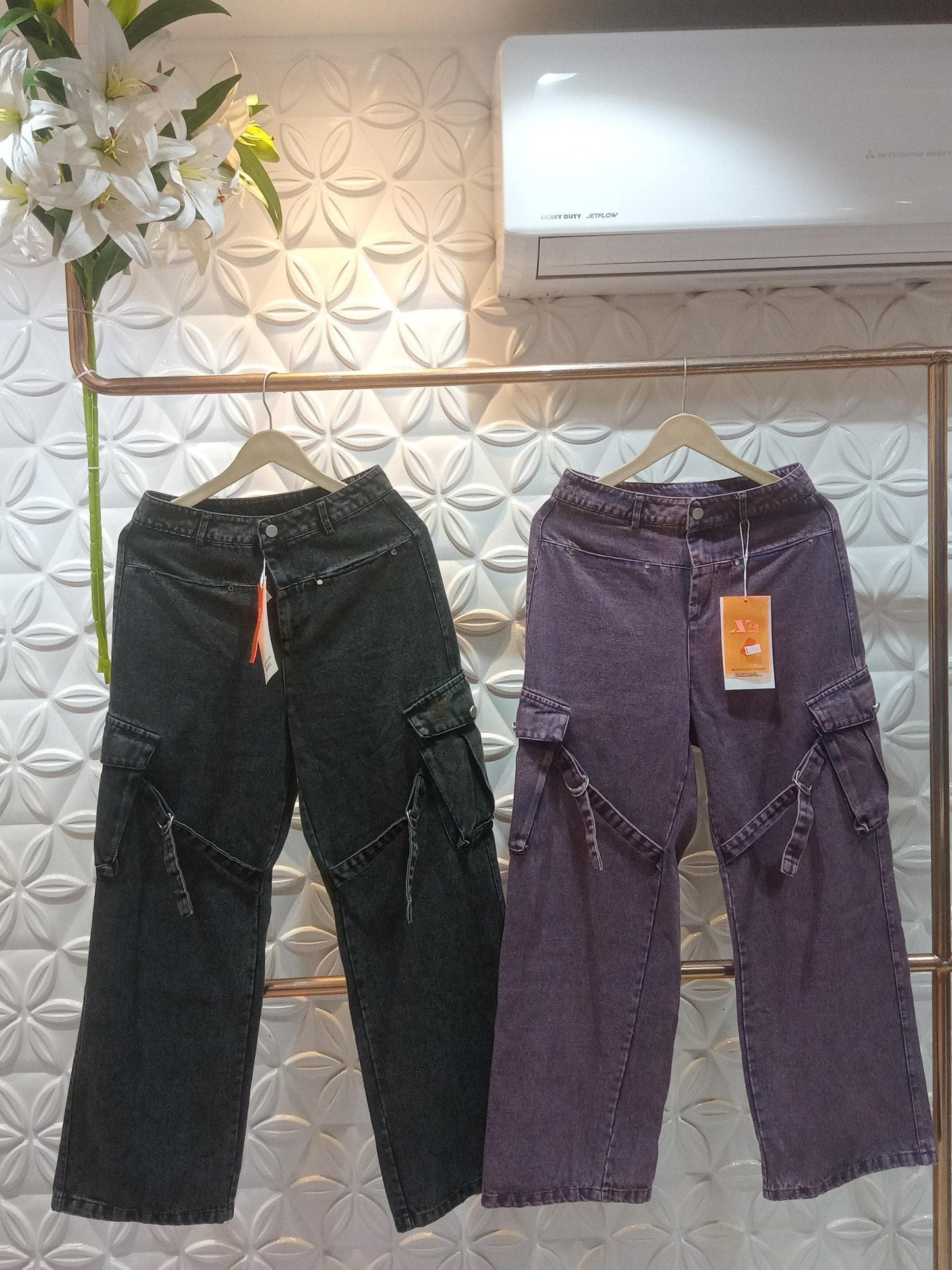 Denim Cargo Wide Leg High Waist Pant