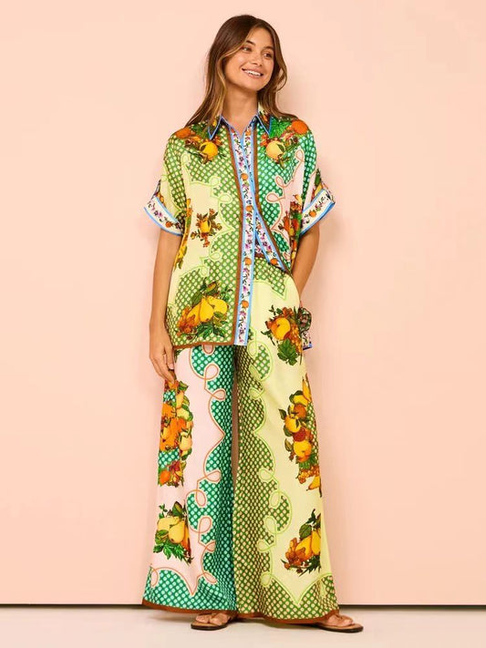 Fruit Print Short Sleeve Shirt & Pants Coord Set