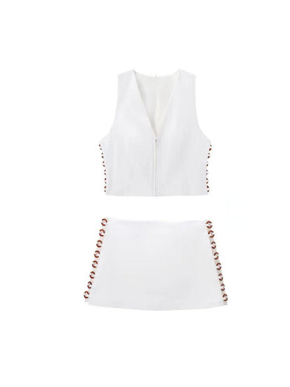 Sleeveless V Neck Waistcoat Top & Skirt Coord Set
