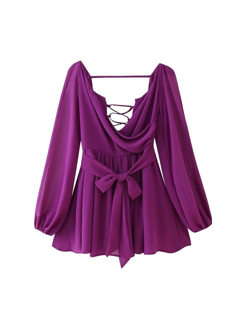 Lantern Cutout Sleeves Deep Neck Backless Romper