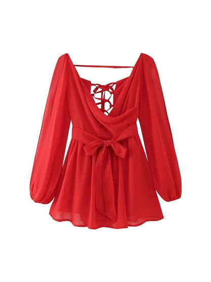 Lantern Cutout Sleeves Deep Neck Backless Romper