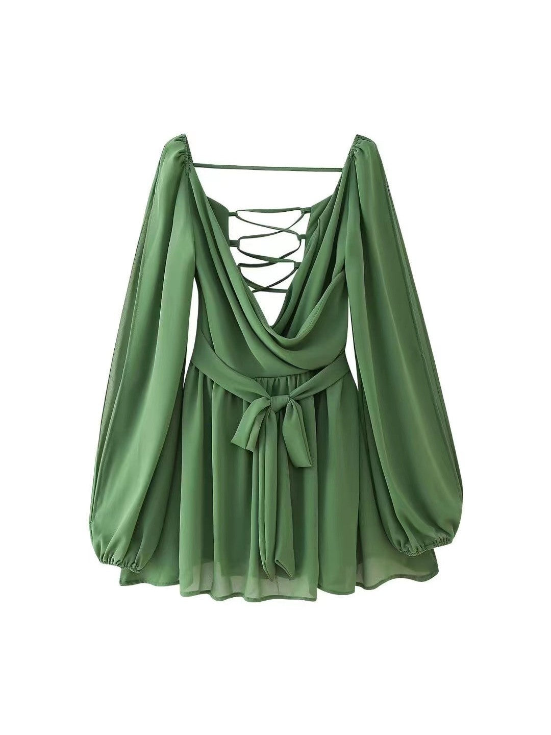 Lantern Cutout Sleeves Deep Neck Backless Romper