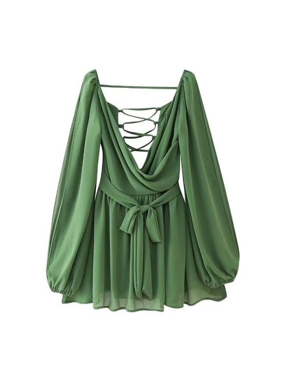 Lantern Cutout Sleeves Deep Neck Backless Romper