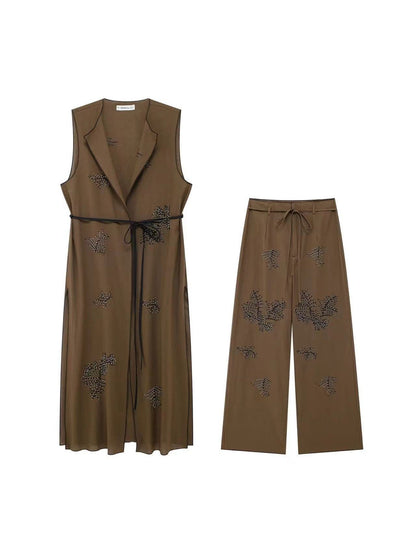 Embroidered Vest & High Waist Wide Leg Pant Coord Set