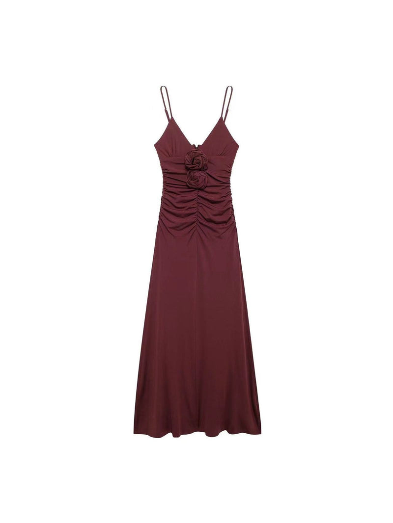 Spaghetti Srap Flower Applique Ruched Maxi Dress