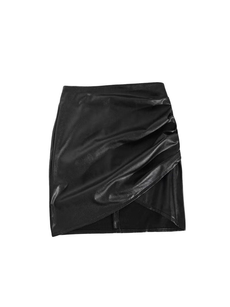 Pu Leather Ruched Short Skirt