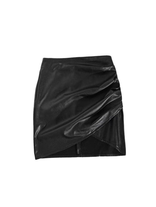 Pu Leather Ruched Short Skirt