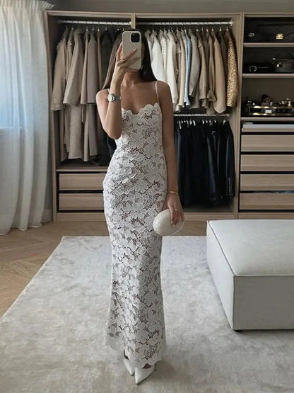 Spaghetti Strap Crochet Slit Maxi Dress
