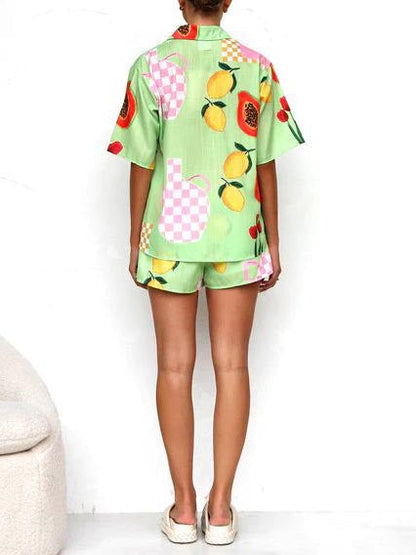 Printed Cardigan Shirt Shorts Set