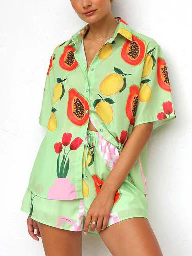 Printed Cardigan Shirt Shorts Set
