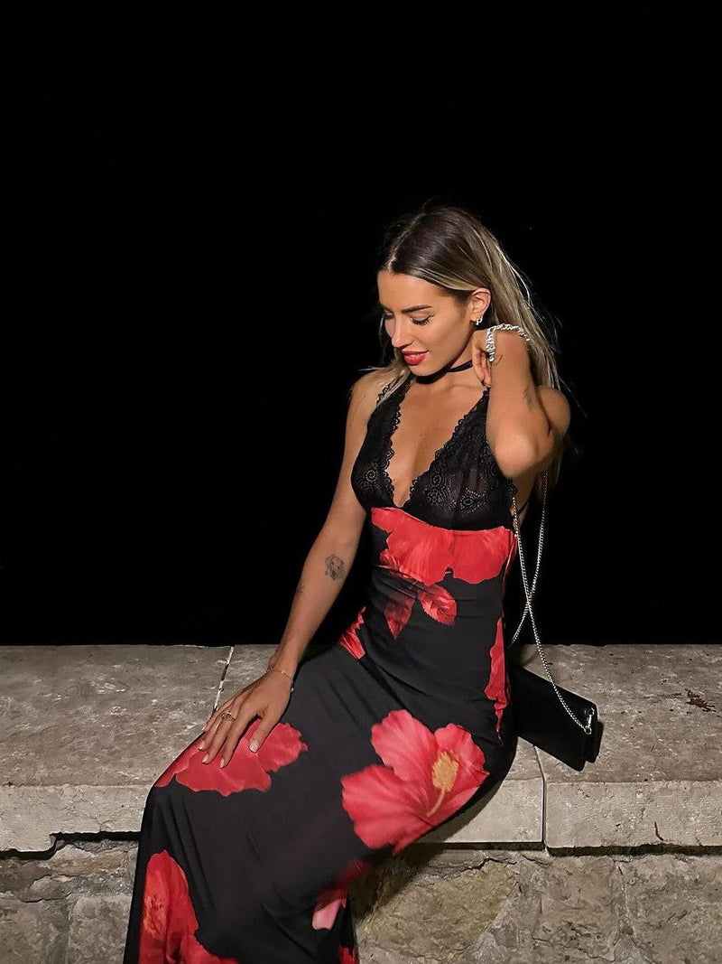 Halterneck Tie-dye Backless Lace Maxi Dress